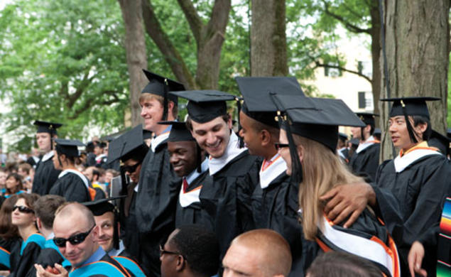 Standing, at center, as their degrees are awarded are, from left: Tina Zhen ’10, James Bryant ’10, Joseph Sengoba ’10, Josh Lavine ’10, David Clark ’10, and Alice Cassin ’10.