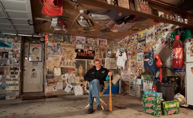 Frank Deford in his garage, which documents stories he has covered over almost 50 years.