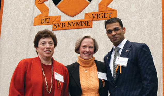 President Tilghman with Claire Max *72, left, winner of the James Madison Medal, and Rajiv Vinnakota ’93, recipient of the Woodrow Wilson Award.
