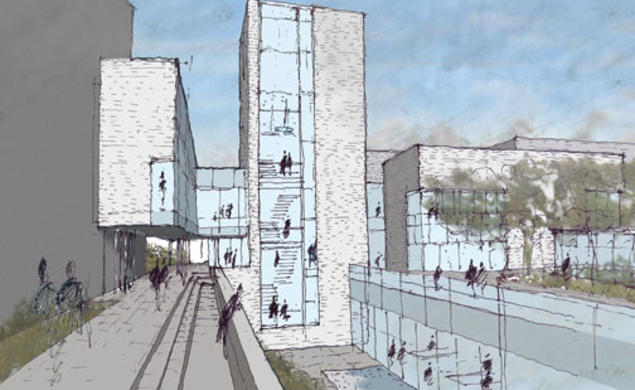 An architect’s sketch of an Andlinger Center building that will house office and research space. It will connect to the ­ E-Quad’s E Wing at left.   