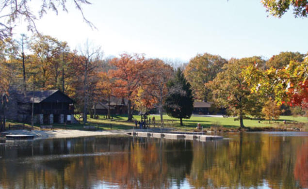 A view of Danielson Lodge from Bass Lake at the Princeton-Blairstown Center.