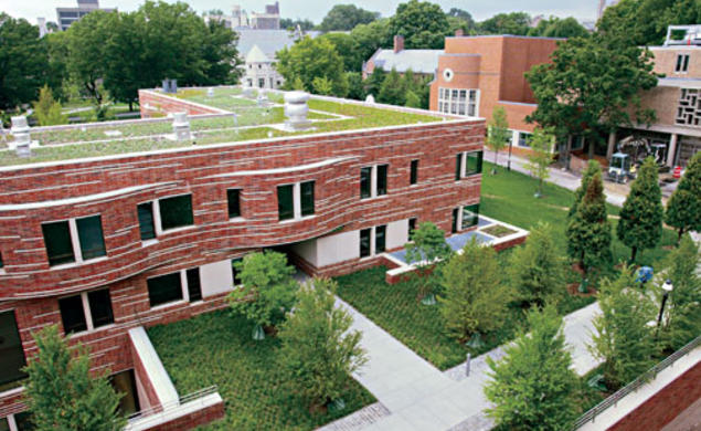 The green roof of Dormitory A, with Wu Hall at right. Whitman College’s Community Hall is at top, center.