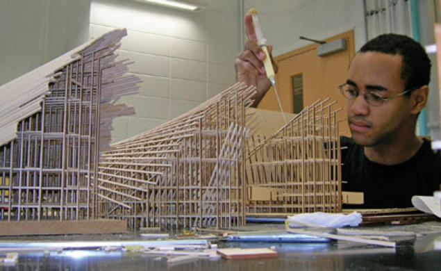  Sylvester Black ’09, above, glues the joints of the falsework for a model of Félix Candela’s Los Manatiales restaurant in Xochimilco, Mexico City.