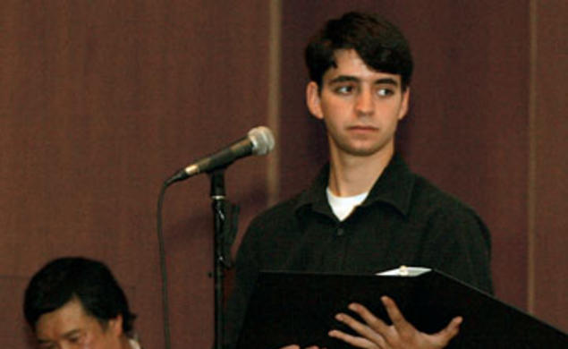 Judge Denny Chin '75, left, and Ben Cogan, '12, during a reenactment of the trial of Minoru Yasui.