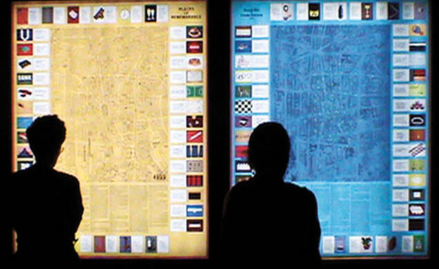 Large maps of a once-thriving Jewish neighborhood of Berlin in 1933 and in 1993 are the focus of a pair of lightboxes created by Berlin-based conceptual artists and now installed in East Pyne. A lightbox detail is shown in the images at top, which depict 