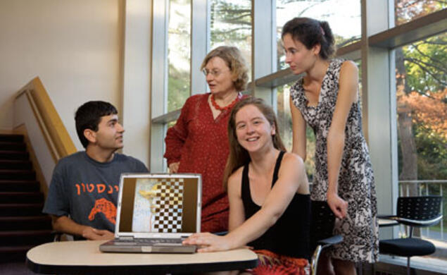 LIVE.NB_Fakes.jpg From left, graduate student Eugene Brevdo, math professor Ingrid Daubechies, and postdoc Shannon Hughes took part in a contest to identify which of six images of van Gogh paintings was a fake. Charlotte Caspers, far right, created the copy in the artistâ