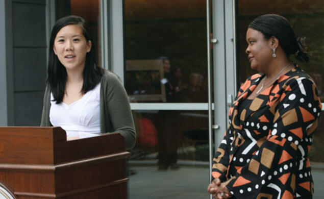 Fields Center board member Dora Chua ’10 describes “a sense of rejuvenation” as director Makeba Clay looks on.