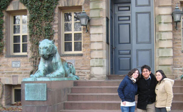 Victoria Laws ’08, left, chairwoman of the Latino Coalition, and Chicano Caucus officers Oscar Castro ’09 and Jessica Gamboa ’10 met at Nassau Hall to discuss Latino issues with President Tighlman.