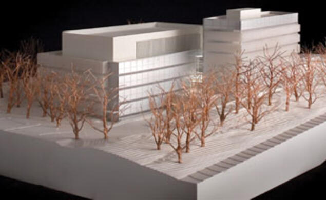 Architect’s model of a new building to house the Neuroscience Institute, left, and the psychology department.