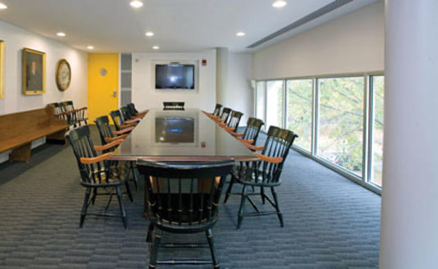 The James Madison Room in Whig Hall has energy-­efficient recessed lighting and a flat-screen television.
