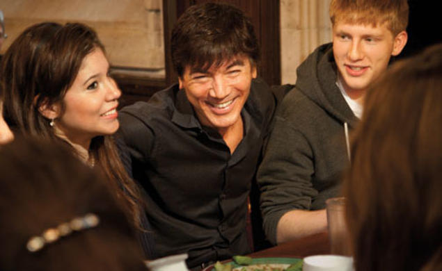 Rockefeller College master Jeff Nunokawa, center, with students at lunch.