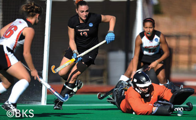 Kaitlyn Perrelle ’10, center, and goalkeeper Jennifer King ’11 led Princeton’s defense against Maryland.