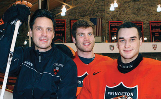 From left, coach Guy Gadowsky and seniors Cam MacIntyre and Zane Kalemba all played junior hockey to prepare for their collegiate careers.
