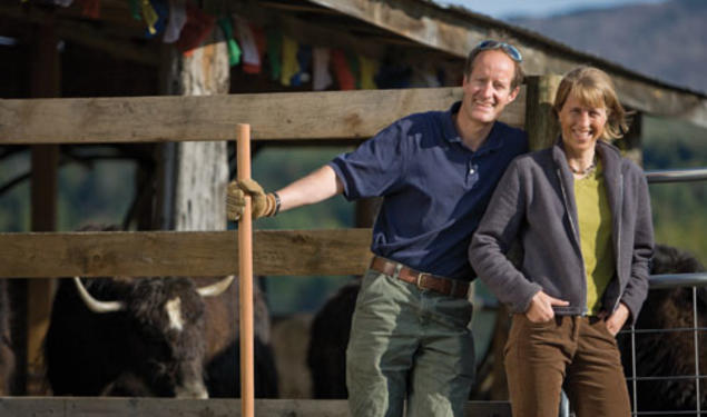 Rob and Kate Williams, both Class of 1989, at Steadfast Farm, home of the Vermont Yak Company. They co-own the company with two other couples.