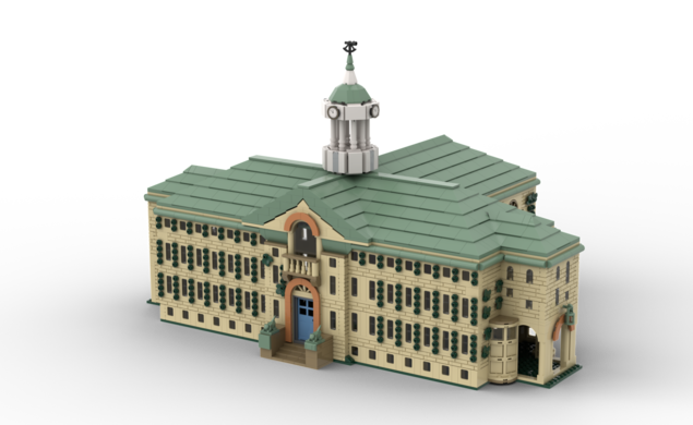 A rendering of the front of Nassau Hall in Legos.