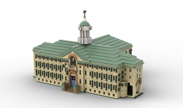 A rendering of the front of Nassau Hall in Legos.