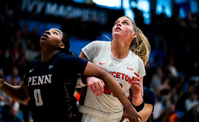 Ellie Mitchell ’24, right, battles for rebounding position with Penn’s Jordan Obi.