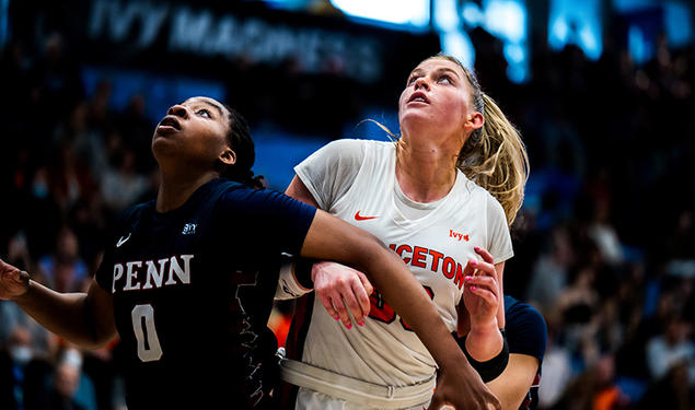 Ellie Mitchell ’24, right, battles for rebounding position with Penn’s Jordan Obi.