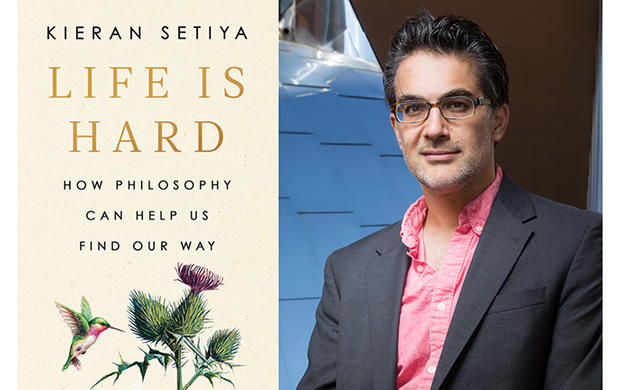 The right side of this image is a headshot photo of Kieran Setiya; the left side is the cover of his book, "Life is Hard: How philosophy can help us find our way."