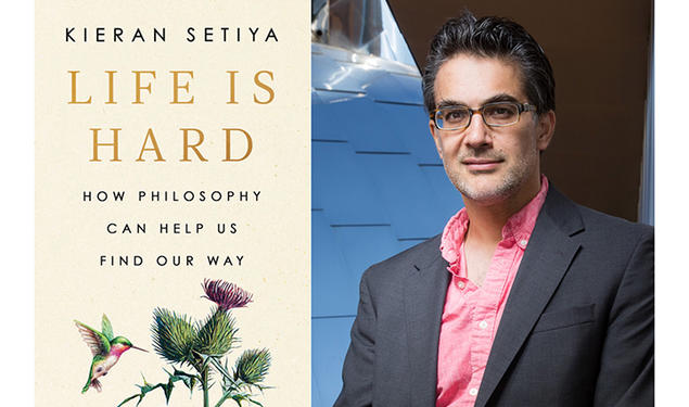 The right side of this image is a headshot photo of Kieran Setiya; the left side is the cover of his book, "Life is Hard: How philosophy can help us find our way."