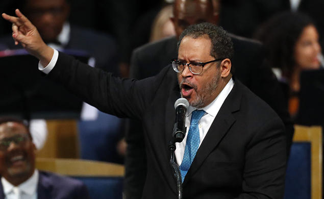 Michael Eric Dyson *93  speaks during the funeral service for Aretha Franklin at Greater Grace Temple in Detroit in 2018.