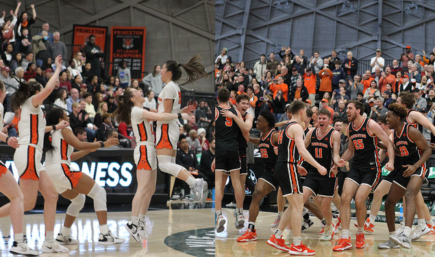 Princeton women, left, and men celebrate their Ivy Madness wins.