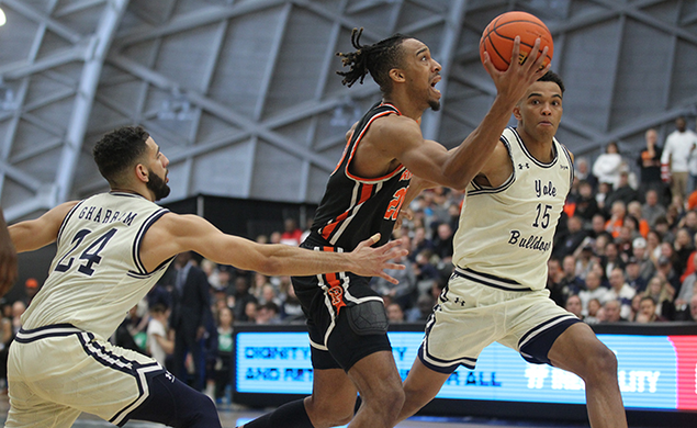 Tosan Evbuomwan ’23 plays with the Princeton men against Yale during Ivy Madness.