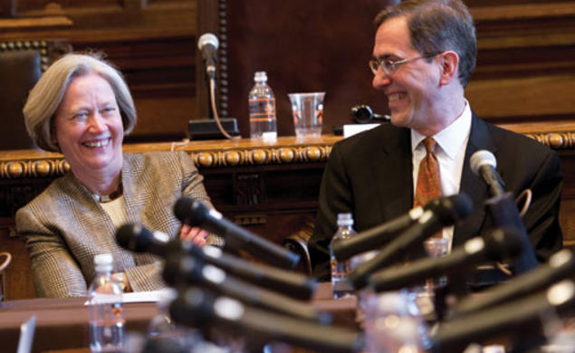 President Tilghman and the man chosen to be her successor, Provost Christopher Eisgruber ’83, share a laugh during a Nassau Hall press conference April 21. 