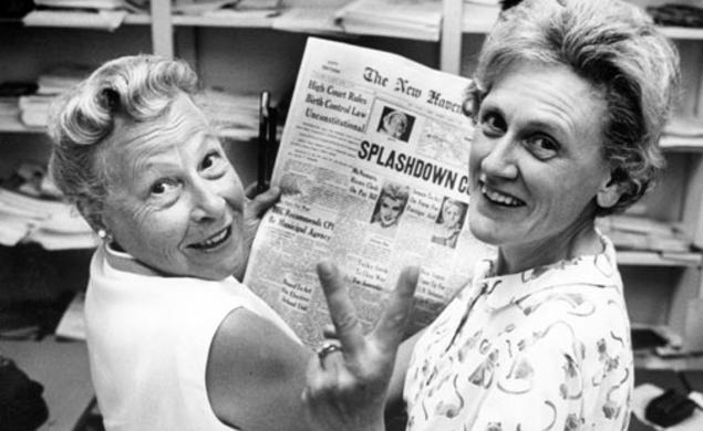 Above left, Estelle Griswold, medical adviser and executive director of the Planned Parenthood clinic in New Haven, Conn., and Cornelia Jahncke, at right, president of ­the Planned Parenthood League of ­Connecticut, celebrating ­victory in a 1965 case 