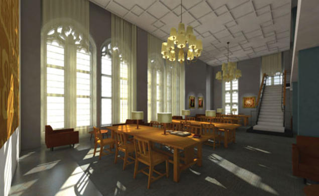 This rendering shows how the former faculty lounge on the third floor of Firestone Library, with its large gothic windows facing the Chapel, will be restored as one of the library’s primary reading spaces.