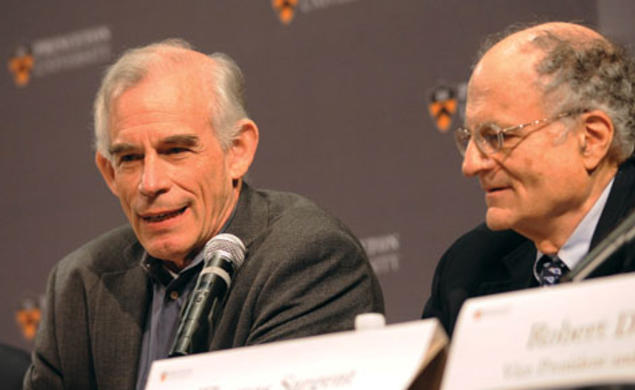  Princeton professor Christopher Sims, left, and NYU professor Thomas Sargent, a visiting professor at Princeton, at a press conference following the announcement that they had won the Nobel Prize for economics.