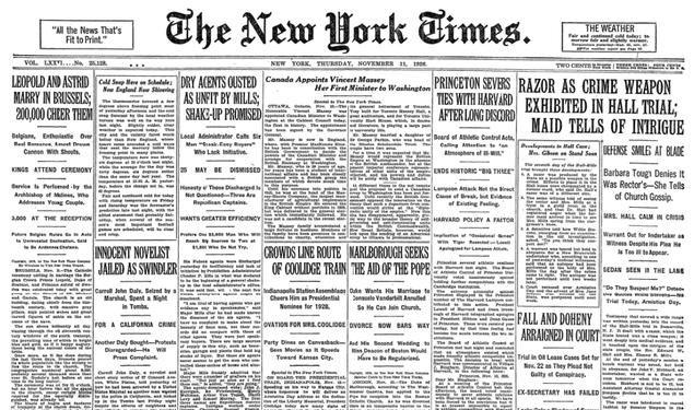 The front page of The New York Times on Nov. 11, 1926, featuring an article titled, “Princeton Severs Ties with Harvard After Long Discord.” Days earlier, Princeton defeated Harvard 12-0.