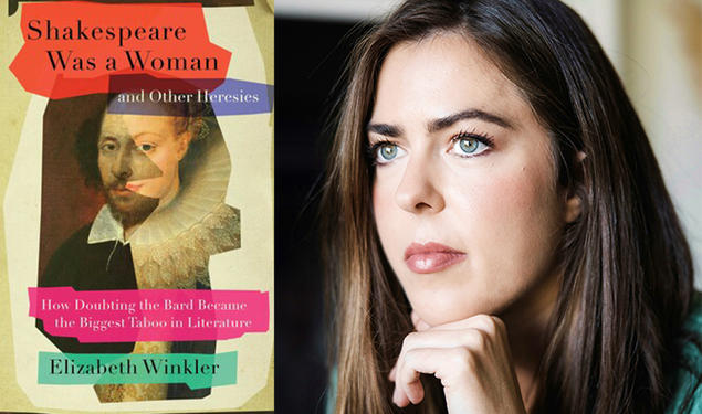 Left, the cover of "Shakespeare Was a Woman"; right, headshot of Elizabeth Winkler resting her chin on her hand.