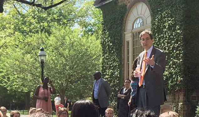 President Eisgruber ’83 addresses a May teach-in by “ban the box” advocates.