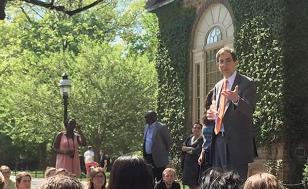 President Eisgruber ’83 addresses a May teach-in by “ban the box” advocates.