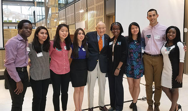 John C. Bogle ’51 with freshmen selected as Bogle fellows in civic service.