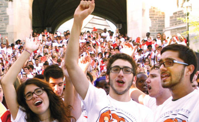 Freshmen raise their voices at the Blair Arch Step Sing.