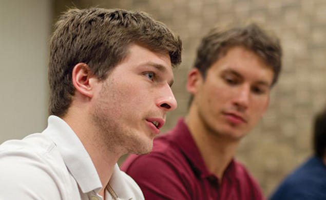 GSG president Sean Edington, left, at a meeting about Lakeside concerns.