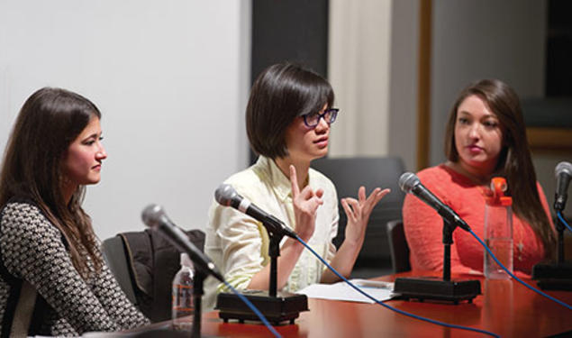 Newly elected USG president Ella Cheng ’16, center, makes a point at a December panel. Catherine Ettman ’13, left, and Molly Stoneman ’16 also have run for the USG’s top office.