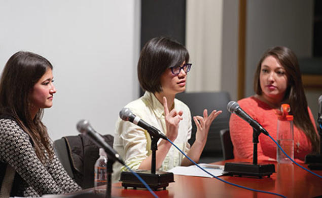 Newly elected USG president Ella Cheng ’16, center, makes a point at a December panel. Catherine Ettman ’13, left, and Molly Stoneman ’16 also have run for the USG’s top office.