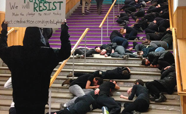 Students stage a “die-in” at Frist Campus Center.