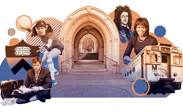 This is an illustration of a tunnel on Princeton’s campus surrounded by images including the Dinky, Michelle Obama, and Russell Crowe playing John Nash in "A Beautiful Mind."