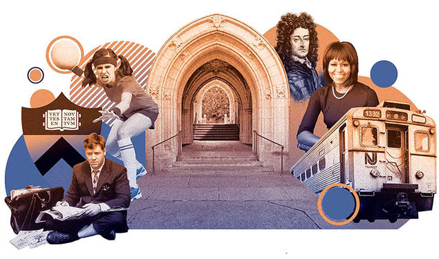 This is an illustration of a tunnel on Princeton’s campus surrounded by images including the Dinky, Michelle Obama, and Russell Crowe playing John Nash in "A Beautiful Mind."