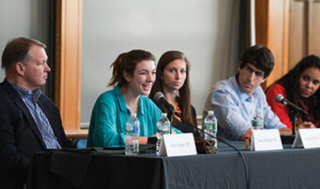 Taking part in an Alumni Day forum were, from left: Hap Cooper ’82, Tiger Inn grad board president; Lucia Perasso ’16, Terrace Club president; Sydney Kirby ’15, former vice president of Cannon Club; Joe Margolies ’15, Interclub Council president; 