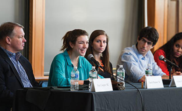 Taking part in an Alumni Day forum were, from left: Hap Cooper ’82, Tiger Inn grad board president; Lucia Perasso ’16, Terrace Club president; Sydney Kirby ’15, former vice president of Cannon Club; Joe Margolies ’15, Interclub Council president; 