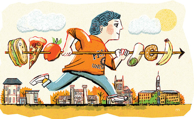 Illustration of a student running with a spear, spearing food items