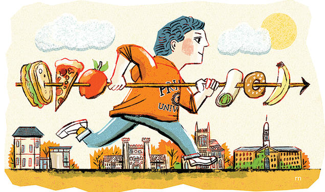 Illustration of a student running with a spear, spearing food items