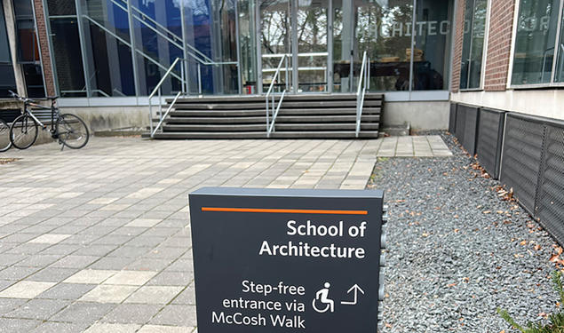Entrance to the School of Architecture with accessibility signage
