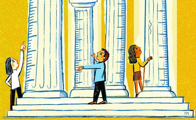 Illustration of people measuring columns that symbolize institutions