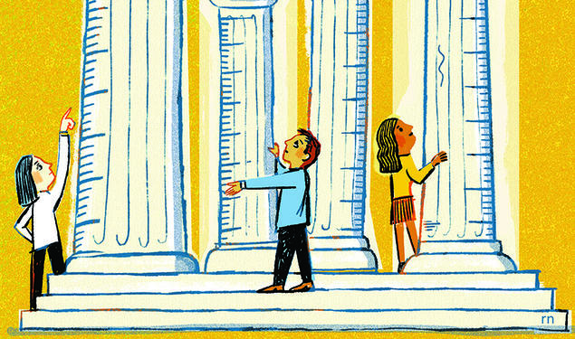 Illustration of people measuring columns that symbolize institutions